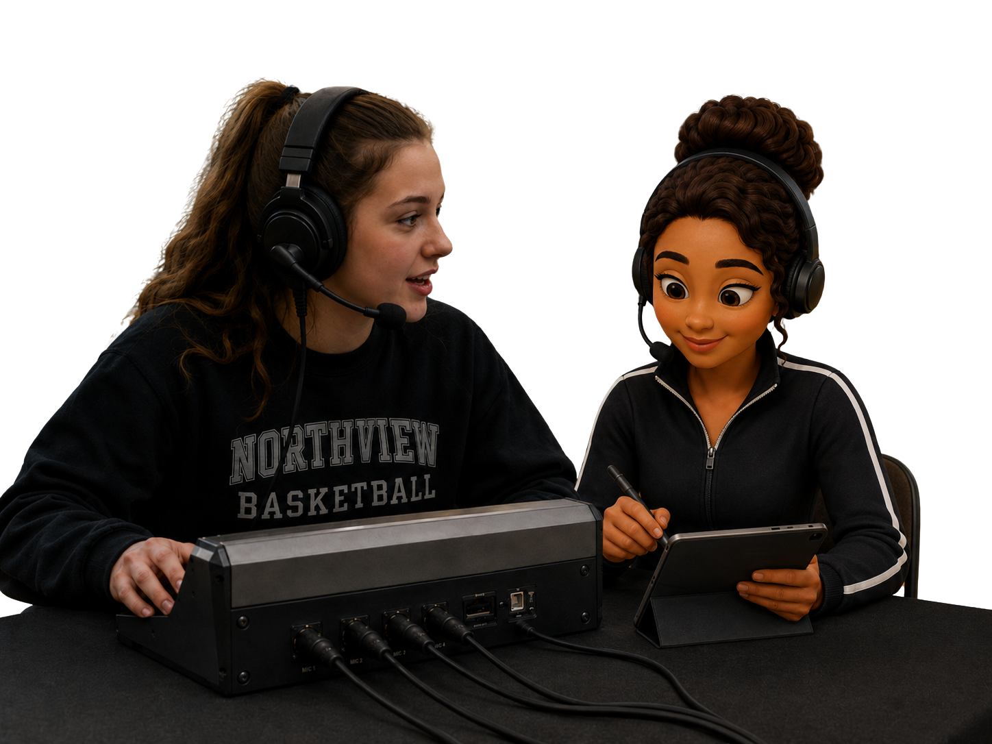 A basketball scorekeeper working at the table alongside Nina, the VESP Velocity AI voice assistant