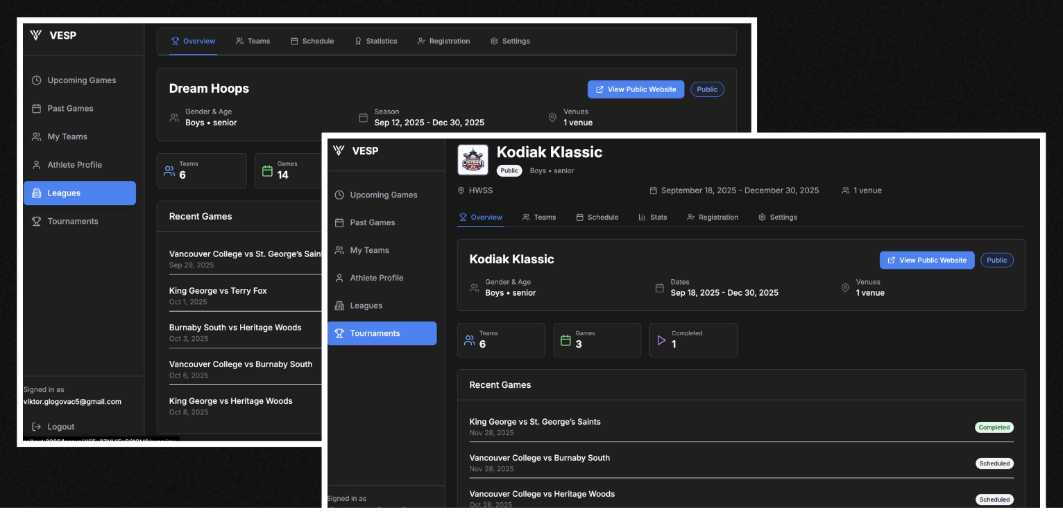 Velocity basketball tournament management software showing brackets, live results and standings