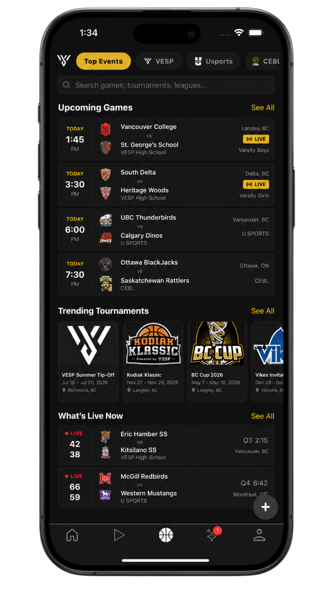 VESP mobile app showing upcoming basketball games, live scores and trending tournaments